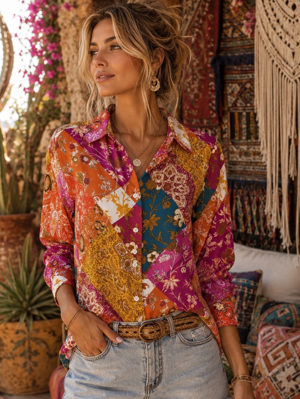 Rose + Olive Patchwork Paisley Button Down Blouse Size S Boho Multicolor